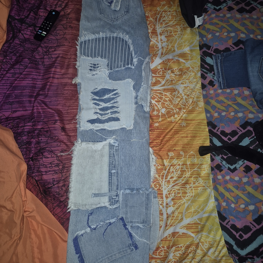 AKIRA Light Blue Distressed Patchwork Straight Le… - image 5